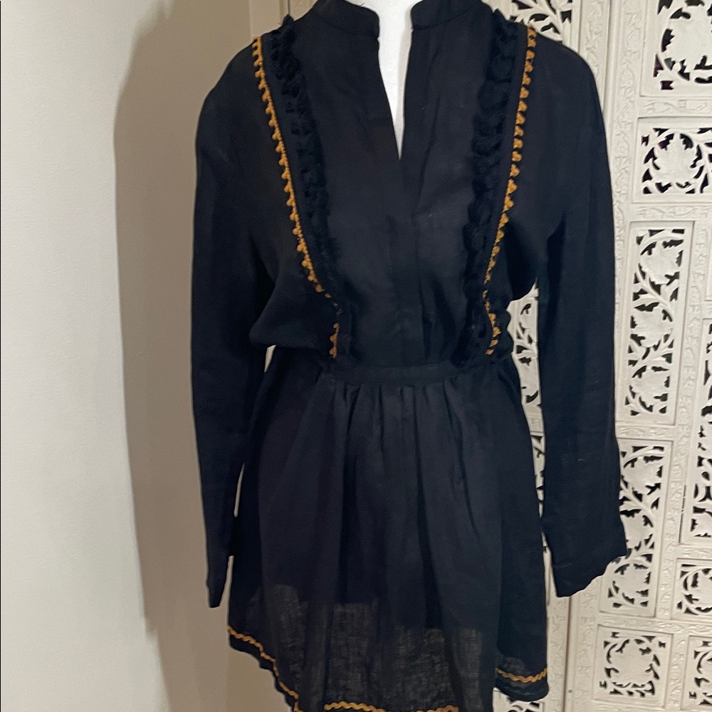 Zara Black Long-Sleeve linen Dress with orange Trim